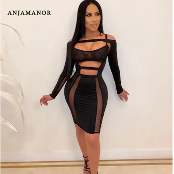 

ANJAMANOR Sexy Bandage Mini Dresses Woman Party Night Clubwear Sheer Mesh Spliced Cutout Long Sleeve Bodycon Dress D36-AA65