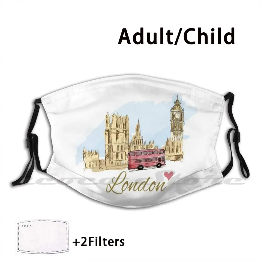 

Vintage London Bridge United Kingdom Bus Retro British Souvenir Uk Big Ben Gift Mask Cloth Washable DIY Filter Pm2.5 Adult Kids