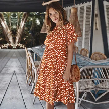 Summer Short Sleeve Print Dress Women Butterfly Sleeve Office Lady Ruffles O-neck High Waist Knee-length Dress
Summer Short Sleeve Print Dress Women Butterfly Sleeve Office Lady Ruffles O-neck High Waist Knee-length Dress