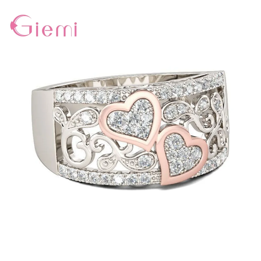 Coeur et âme 925 argent sterling zircon cubique bague de doigt pour femmes fille doux cadeau bijoux ornement