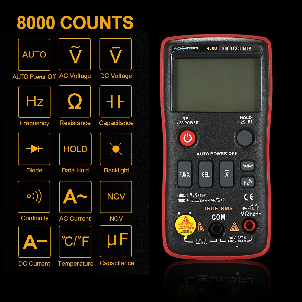 RICHMETERS RM408B True-RMS Digital Multimeter Button 8000 Counts With Analog Bar Graph Temperature Sensor Test AC/DC Voltage
RICHMETERS RM408B True-RMS Digital Multimeter Button 8000 Counts With Analog Bar Graph Temperature Sensor Test AC/DC Voltage