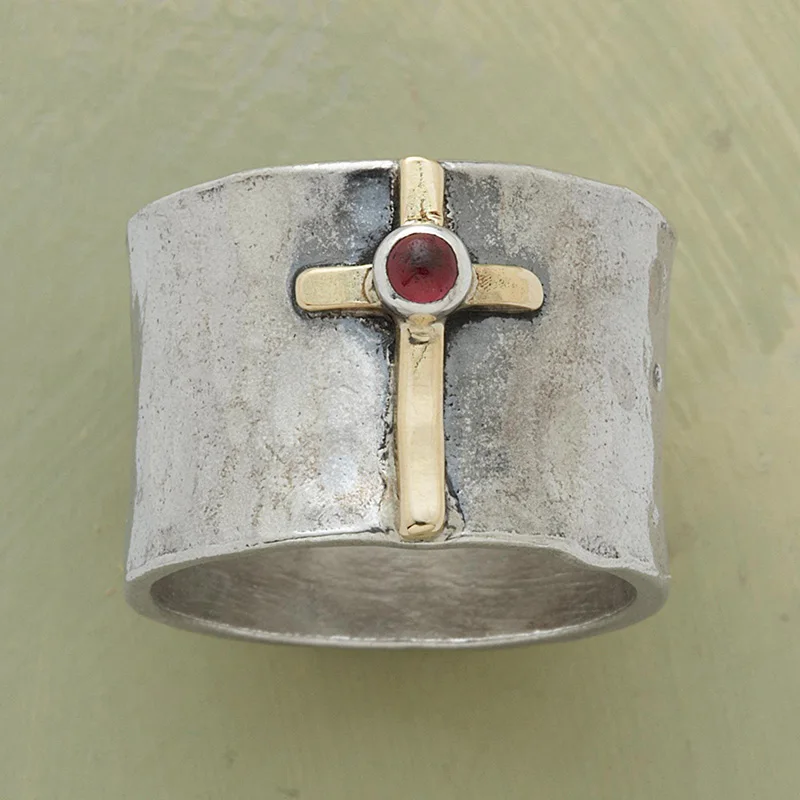 Vintage Silver Color Christian Gold Cross Statement Ring Punk Red Beads Crystal Motorcycle Biker Rings for Women India Jewelry | Украшения