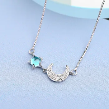 

S925 Silver Accessories Women's Necklace Azure Stone Star Moon Elegant Sweet Choker Sets of Chain