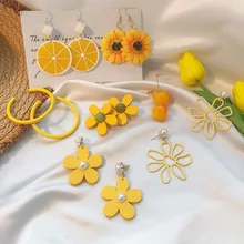 Aomu 2019 Zomer Gele Bloem Hart Oranje Hanger Verklaring Stud Oorbellen Voor Vrouwen Geometrische Mode Fruit Party Sieraden(China)