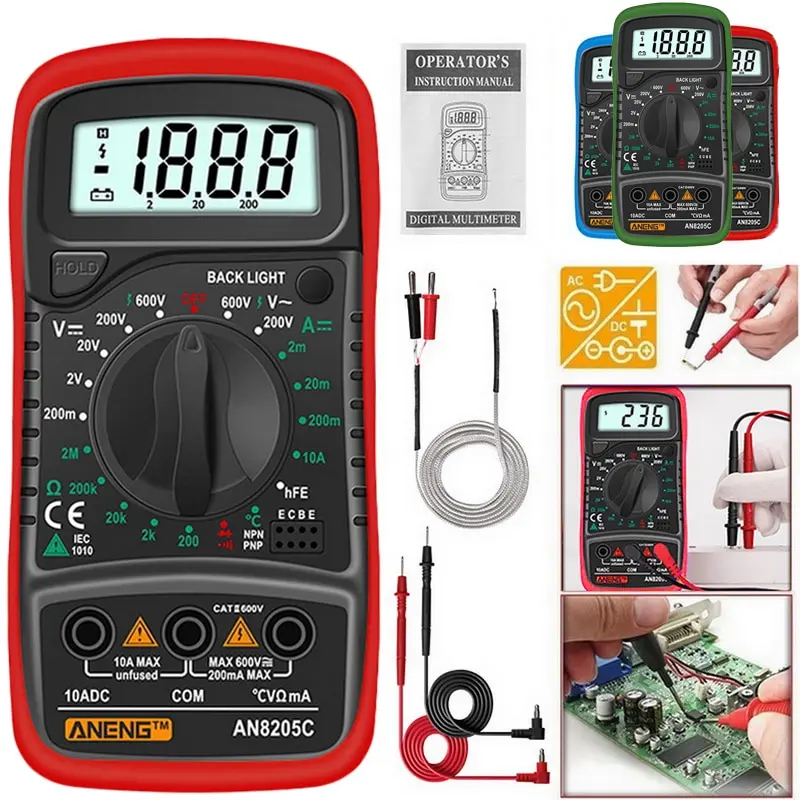 AN8205C Digital Multimeter AC/DC Ammeters Ohm Tester Meter Multimetro With Thermocouple LCD Backlight Portable37#
AN8205C Digital Multimeter AC/DC Ammeters Ohm Tester Meter Multimetro With Thermocouple LCD Backlight Portable37#