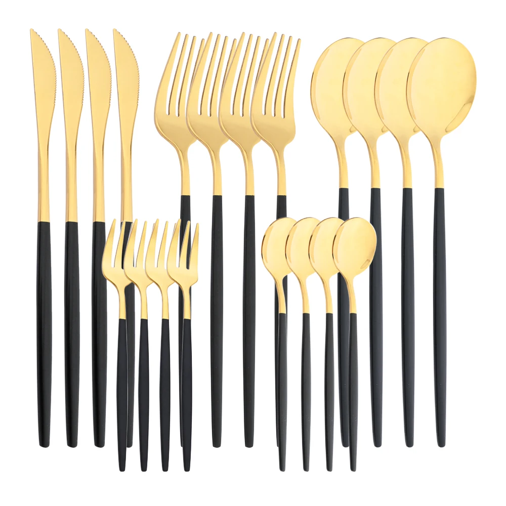 

20Pcs Black Gold Dinnerware Set Stainless Steel Tableware Knives Fork Spoons Dinner Set Cutlery Fruit Cake Fork Flatware Set