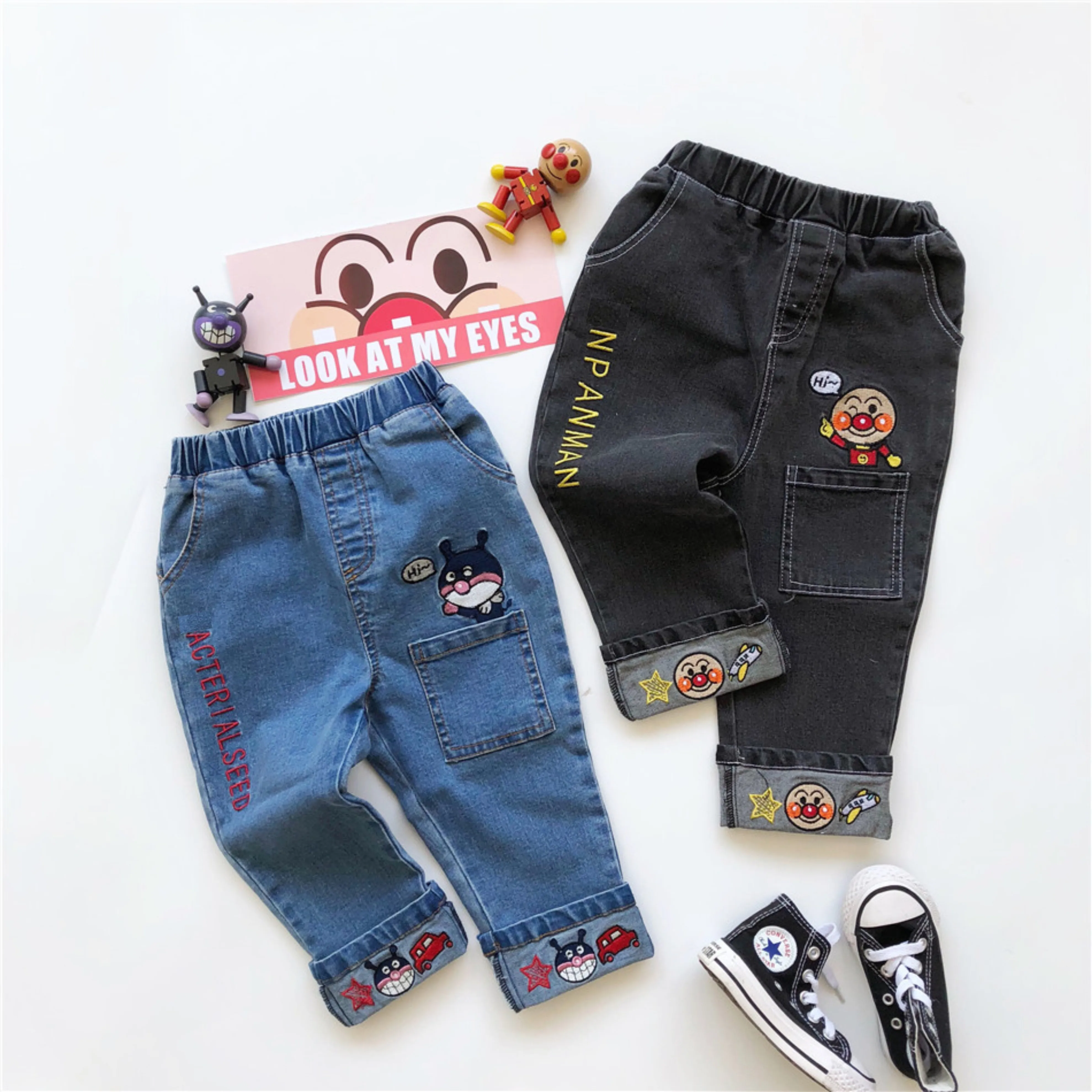 

Tonytaobaby Spring New Boys and Girls Children's Embroidered Jeans Cartoon Casual Pants