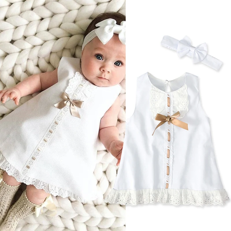 2020 Baby Summer Clothing 0-24M Infant Newborn Girl Lace Dress Sleeveless Bowknot Rib Solid White Dresses Headband | Мать и ребенок