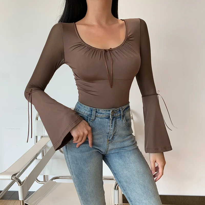T Shirt Woman Sexy Solid Color Bow Base Top Round Neck Long Flared Sleeve Slim Fit Mesh Splicing Slim Shirt Clothing For Women
T Shirt Woman Sexy Solid Color Bow Base Top Round Neck Long Flared Sleeve Slim Fit Mesh Splicing Slim Shirt Clothing For Women