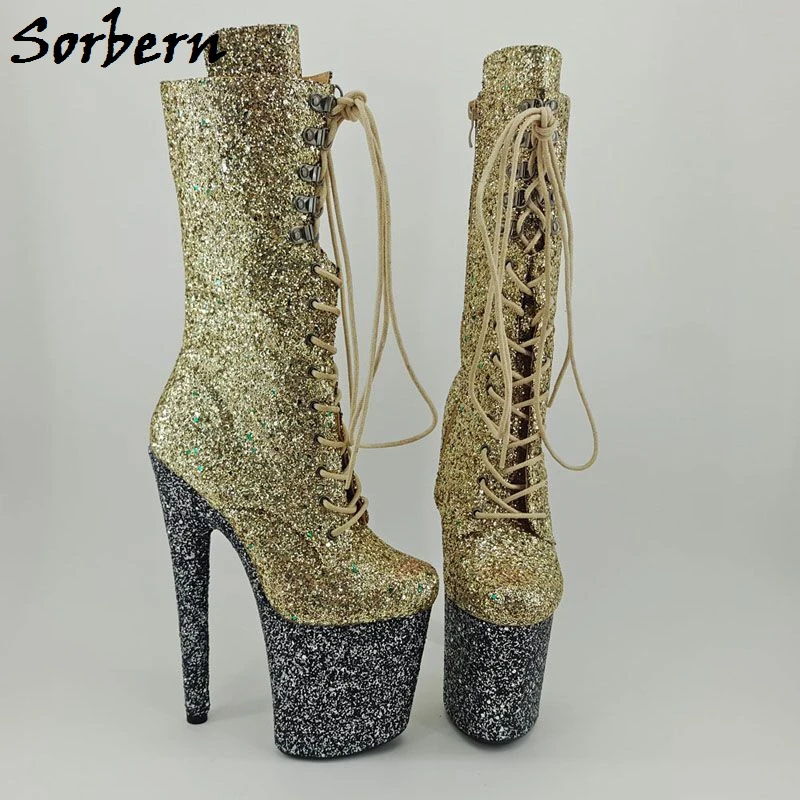 Sorbern Gold Glit Pole Dance Boots Mid High Women Boots 8inch Heels Lace Up Boots With Platfrom Unisex Nightclub Boots 
Sorbern Gold Glit Pole Dance Boots Mid High Women Boots 8inch Heels Lace Up Boots With Platfrom Unisex Nightclub Boots