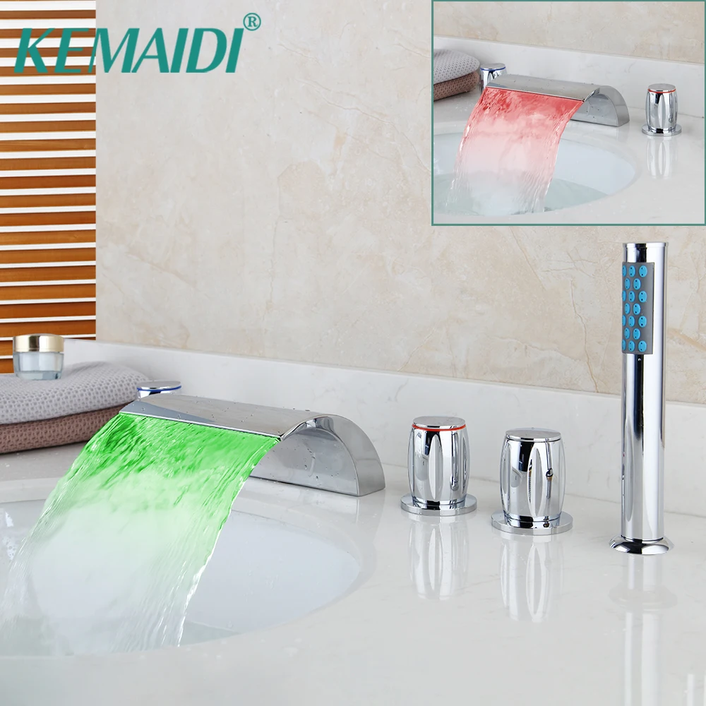 

KEMAIDI LED Waterfall Bathroom Basin Faucet Deck Mounted Washbasin Bathroom Tap 5 Pcs Set Flush Cold Hot Water Mixer Taps