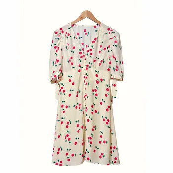 Women Cherry Print Slim Silk Dress V-neck Short Puff Sleeve Lace-up Gentle Sweet Mini Dress
Women Cherry Print Slim Silk Dress V-neck Short Puff Sleeve Lace-up Gentle Sweet Mini Dress