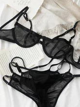 

French sexy see-through mesh bra and panty strappy lace thin gauze rims bralette show small lift perspective underwear set