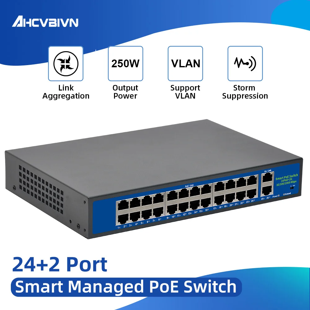 

52V Network POE Switch Ethernet 10/100/1000Mbps 24ports IEEE 802.3af/at Suitable for IP camera/Wireless AP/CCTV camera 250m