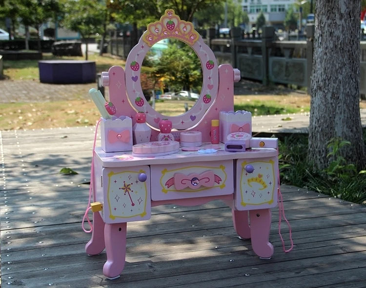 Juguete de tocador tipo mesa de madera para niños, maquillaje para