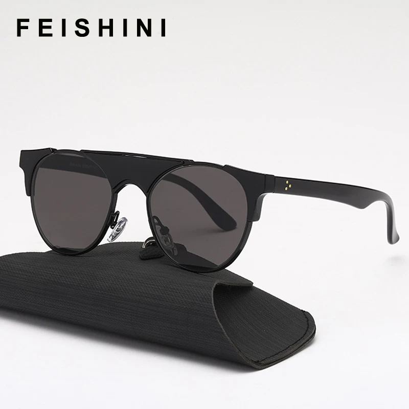 Фото Солнцезащитные очки женские FEISHINI в готическом стиле стимпанк черные винтажные