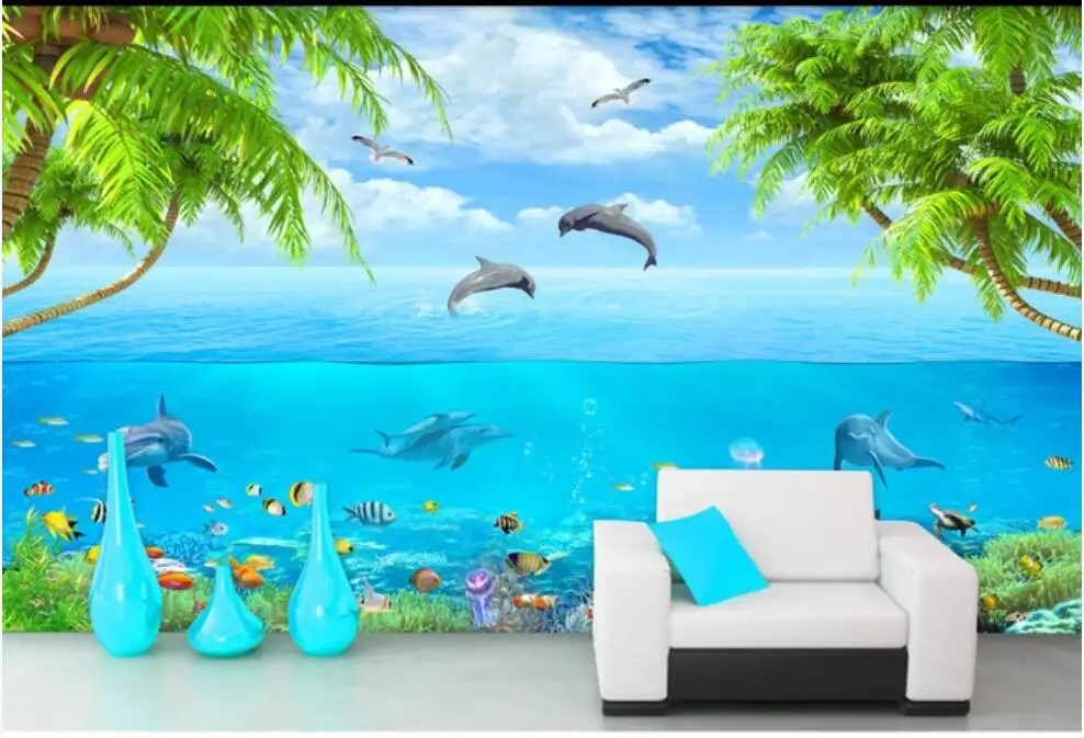 

Custom photo mural 3d wallpaper Seaside blue sky coconut palm dolphin landscape living room wallpaper for walls 3 d in rolls