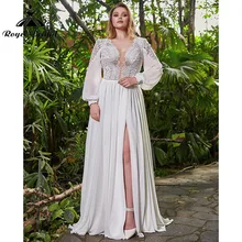 A Line Boho Bohemian Plus Size Wedding Dress Long Puff Sleeve Lace Chiffon Split Side Backless Deep V Neck Sweep Train 2022
A Line Boho Bohemian Plus Size Wedding Dress Long Puff Sleeve Lace Chiffon Split Side Backless Deep V Neck Sweep Train 2022