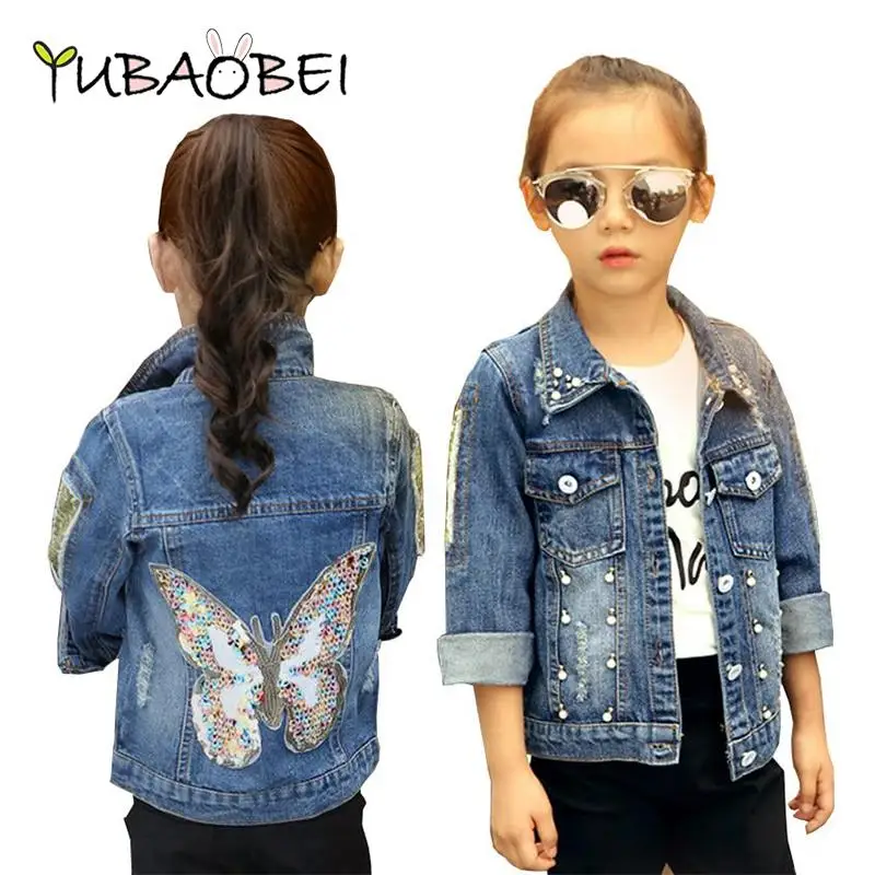 

2022 Big Girls Denim Jacket Cardigan Coat kids Jean Outwear Butterfly Embroidery Sequins Children Clothing Spring Clothes