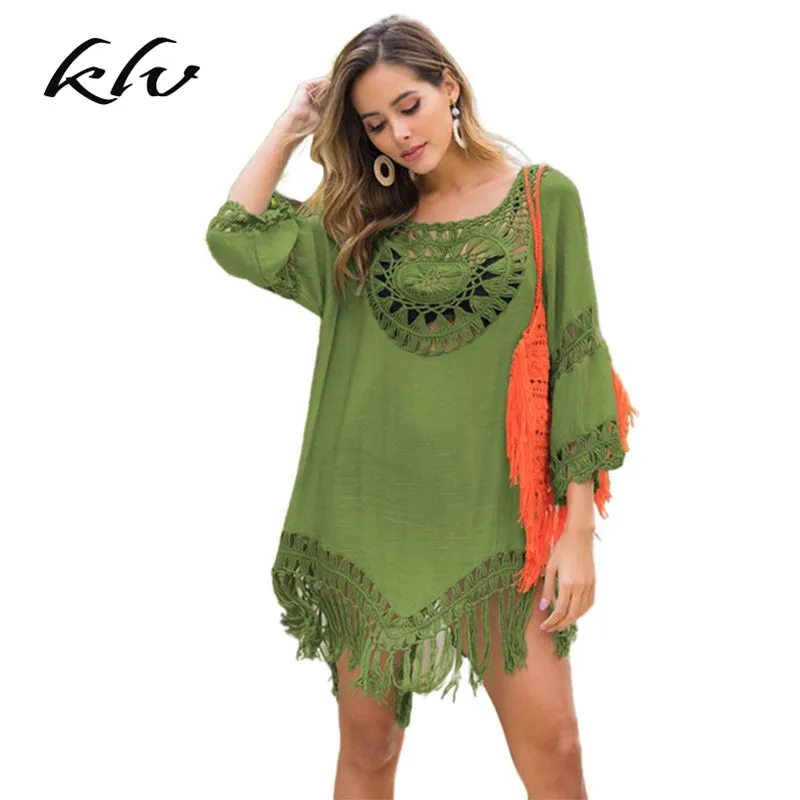 

Women Hollow Crochet Floral Swimsuit Cover Ups Fringe Tassels Asymmetric Beach Dress Summer Sexy Tunic Bikini Wrap