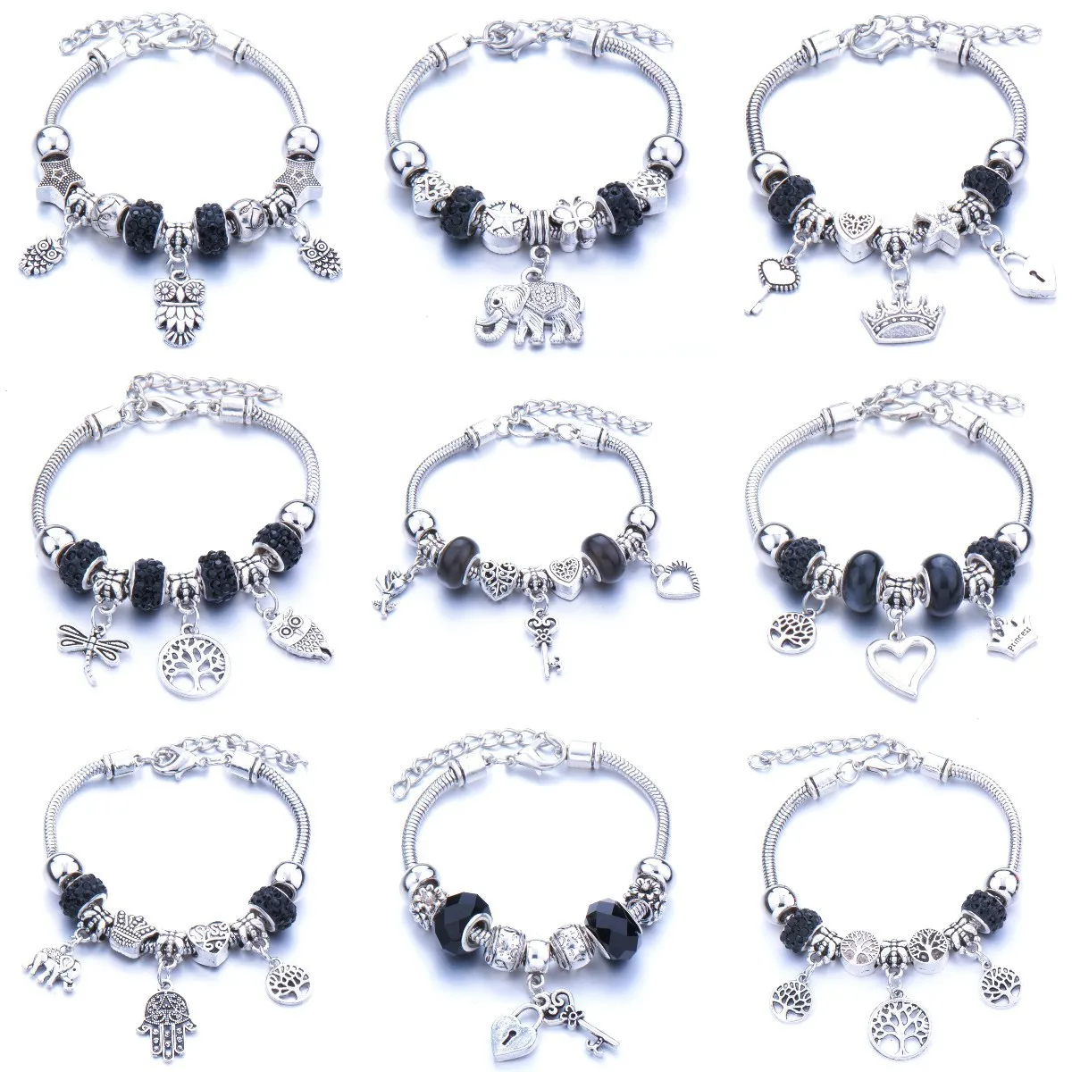 Фото Vintage Black Tree of Life Crown Charm Bracelets for Women Crystal Beads Pandora Pulseras Mujer Charms Jewelry | Украшения и