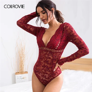 

COLROVIE Burgundy Plunging V-cut Back Sheer Lace Bodysuit Women Skinny Bodysuit 2019 Fall High Waist Glamorous Sexy Bodysuits