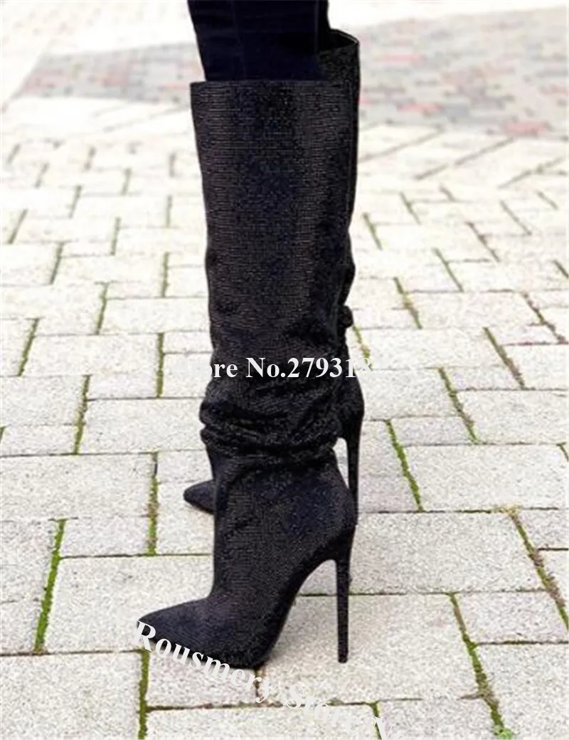 

Women Fashion Pointed Toe Stiletto Heels Knee High Boots Black Suede Leather Long High Heel Boots Classical Style Boots Heels