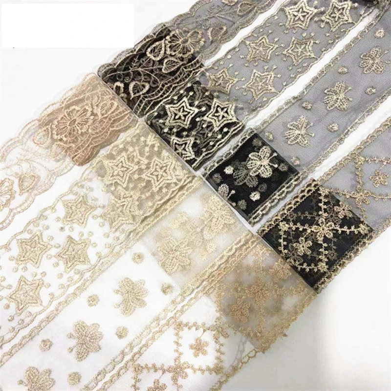 

7cm Width Length DIY Gold Silk Thread Mesh Embroidery Ribbons Symmetrical Lace Hair Headdress Accessories Lace Fabric 15 Yards