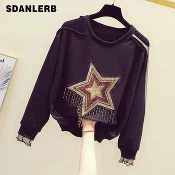 Black Hoodies for Female Autumn New Diamond Sequins Five-pointed Star Shoulder-exposed Mesh Stitching Crew Neck Sweatshirt Shirt 
Black Hoodies for Female Autumn New Diamond Sequins Five-pointed Star Shoulder-exposed Mesh Stitching Crew Neck Sweatshirt Shirt