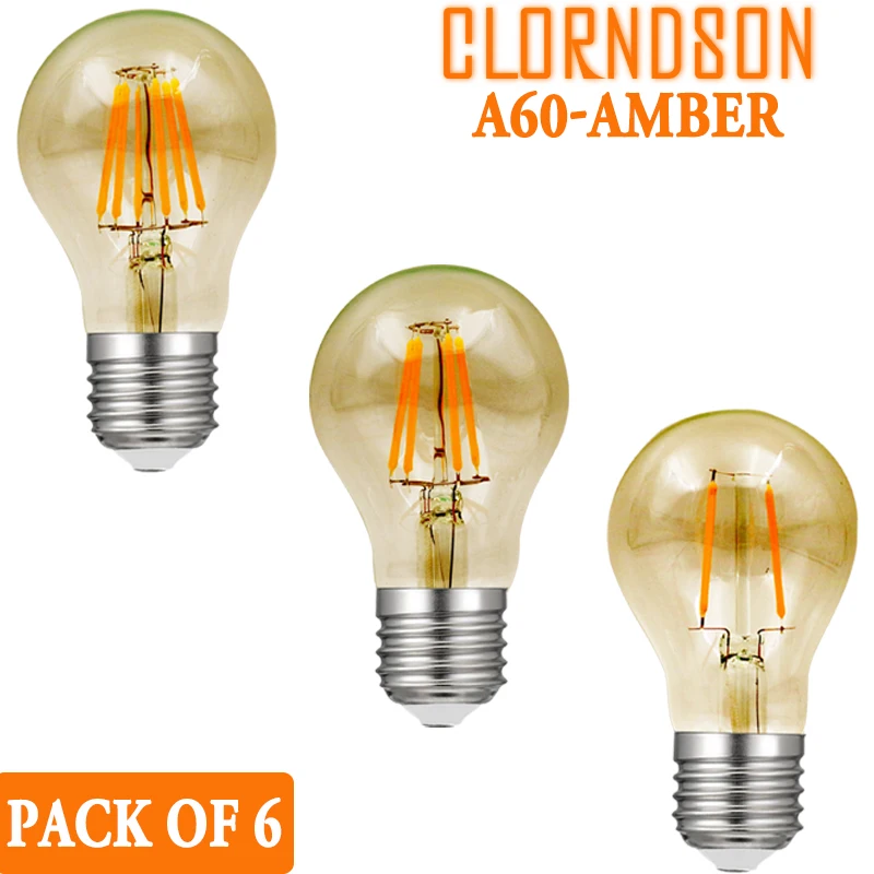 

Pack of 6 Dimmable Amber Glass A60 2W 4W 6W 8W Led E27 E26 Vintage Retro 110V 220V Filament Bulbs Chandelier Lighting Lamp