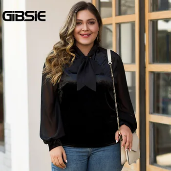 GIBSIE Office Lady Bow Tie Neck Velvet Top Black Elegant Mesh Patchwork Long Sleeve Blouses Plus Size Autumn Women Shirt Tops
GIBSIE Office Lady Bow Tie Neck Velvet Top Black Elegant Mesh Patchwork Long Sleeve Blouses Plus Size Autumn Women Shirt Tops