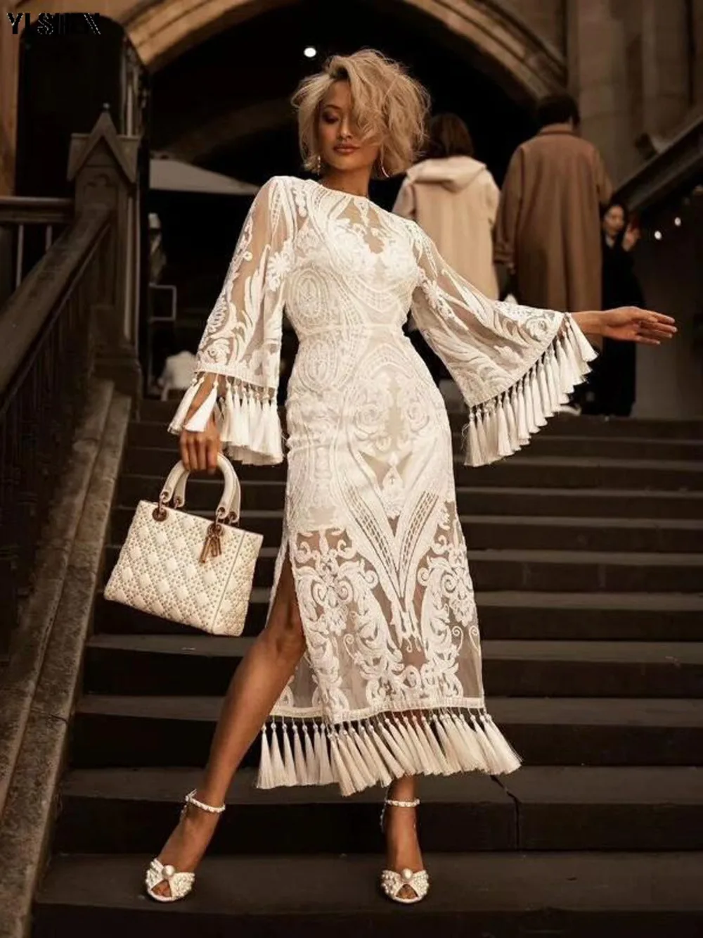 African Lace Dresses for Women in Clothing Basin Riche African Clothes Sexy Fashion Tassels Maxi Dress Woman Africa Dress Boubou 05