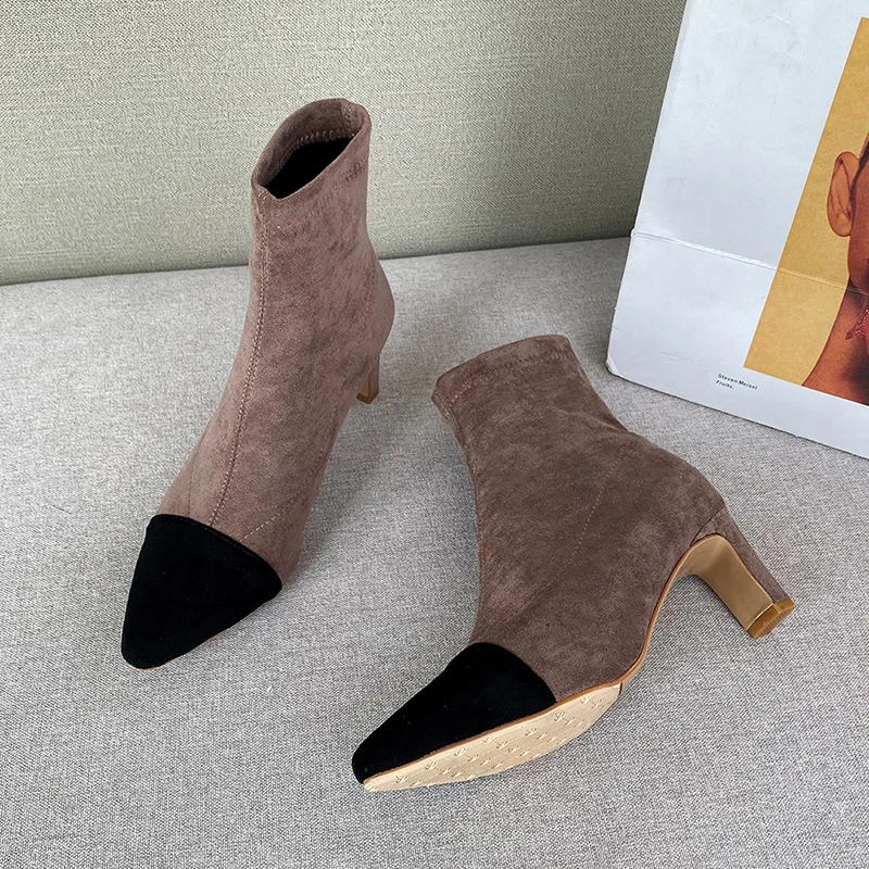 OL sexy pointed toe flock ankle boots matching color elastic boots high heel thick black khaki riding boots women's shoes
OL sexy pointed toe flock ankle boots matching color elastic boots high heel thick black khaki riding boots women's shoes