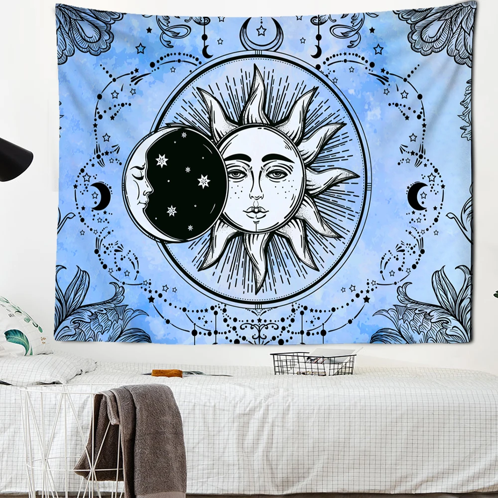 Белая черная индийская мандала гобелен на стену солнце луна таро настенный