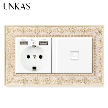 UNKAS EU Socket With Dual USB Charge Port + RJ45 Computer Jack 146MM*86MM Hidden LED Indicator 4D Embossing Zinc Alloy Panel
UNKAS EU Socket With Dual USB Charge Port + RJ45 Computer Jack 146MM*86MM Hidden LED Indicator 4D Embossing Zinc Alloy Panel