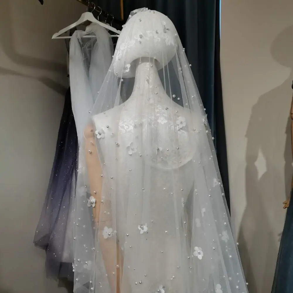 Модная Соборная Длинная свадебная фата кружевная с расческой 3d цветы жемчуг