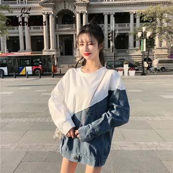 Women Hoodies O Neck Sweatershirt Long Sleeve Patchwork Loose Mum Tops Danim Spring Autumn Femme Hoodie Young Lady Pullover
Women Hoodies O Neck Sweatershirt Long Sleeve Patchwork Loose Mum Tops Danim Spring Autumn Femme Hoodie Young Lady Pullover