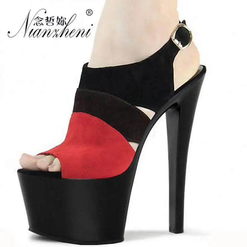 

7 inches Flock Mixed colors Peep toe Womens sandals 17cm Super High heeled shoes Sexy Fetish Mature Elegant Nightclub Pole Dance