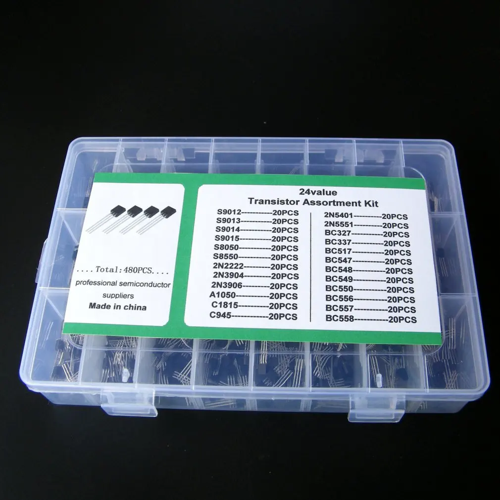 24 Values 480pcs NPN PNP Transistor TO-92 Power Transistor Assortment Kit Transistor Pack Three Pin Transistors 
24 Values 480pcs NPN PNP Transistor TO-92 Power Transistor Assortment Kit Transistor Pack Three Pin Transistors