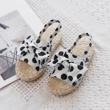 

Summer Slipper New Style Sweet Ladies' Polka Dot Bow Pastoral Style Weaving Girl's Sandals Princess Shoes