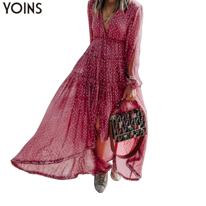 

YOINS Women Autumn Polka Dot Printed Maxi Long Dress Casual Lantern Sleeve Loose Sexy V-Neck Ruffles Dress Robe Vestidos Mujer