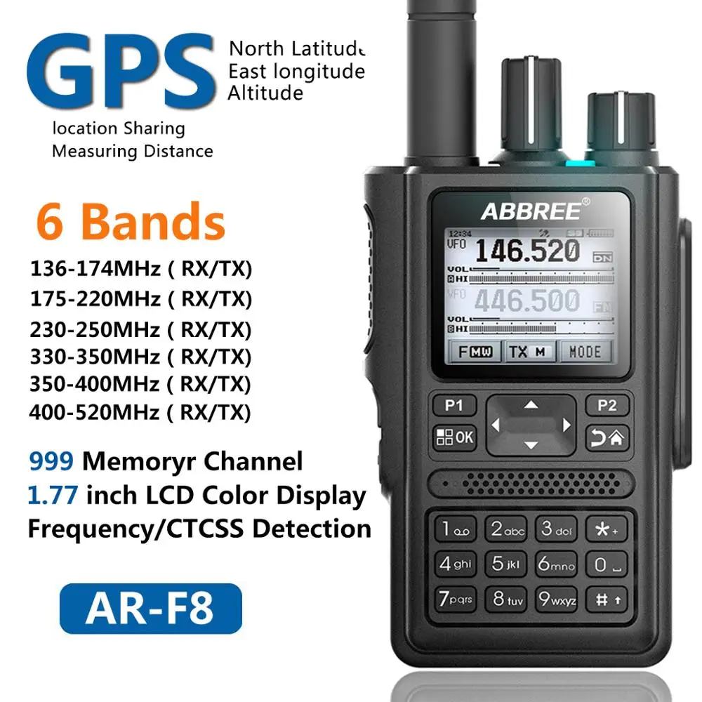 ABBREE AR-F8 GPS 6 Bands(136-520MHz) 8W 999CH Multi-functional VOX DTMF SOS LCD Color Amateur Ham Two Way Radio Walkie Talkie
ABBREE AR-F8 GPS 6 Bands(136-520MHz) 8W 999CH Multi-functional VOX DTMF SOS LCD Color Amateur Ham Two Way Radio Walkie Talkie