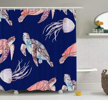 

Watercolor Sea Turtle Shower Curtain, Underwater Sea Pattern and Jellyfish Ocean Home Decor Fabric Shower Curtain Bathroom