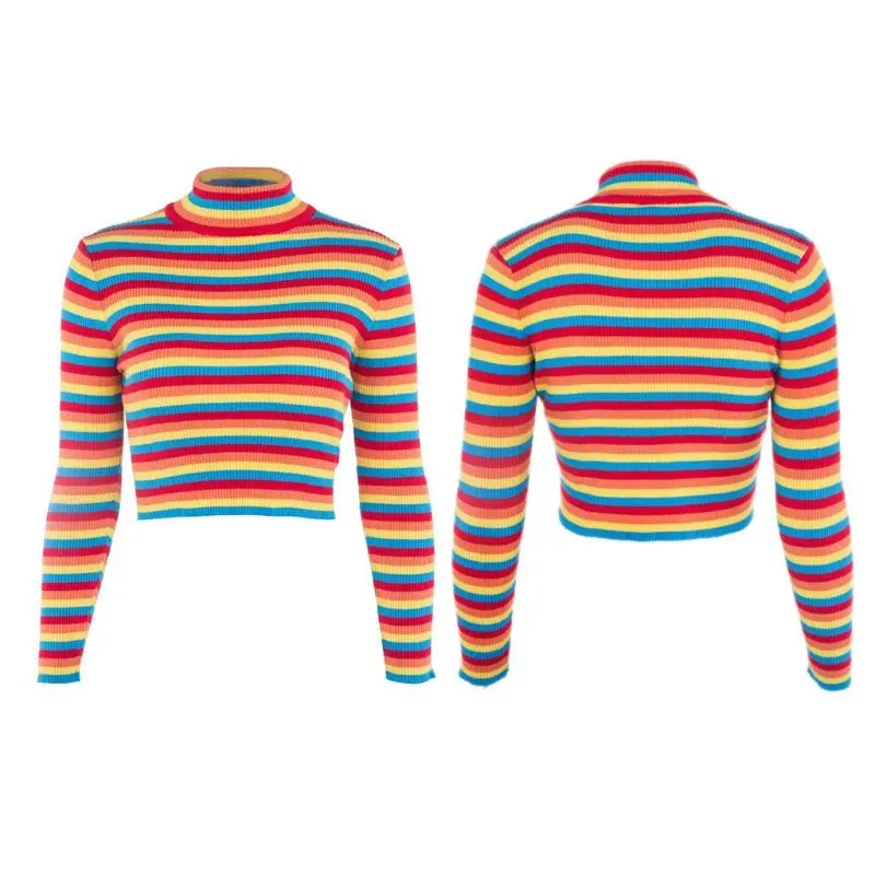 Womens Autumn Long Sleeve Turtleneck Sweater Colorful Rainbow Stripes Short Crop Tops Bodycon Ribbed Knitted Basic Pullover Jump
Womens Autumn Long Sleeve Turtleneck Sweater Colorful Rainbow Stripes Short Crop Tops Bodycon Ribbed Knitted Basic Pullover Jump