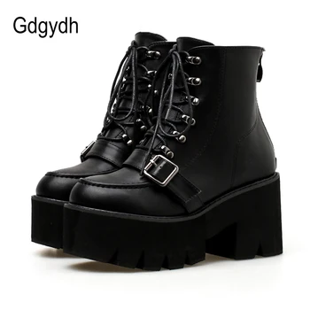 Gdgydh 2020 Fashion Women Ankle Boots Dark Black Round Toe Lace-up With Buckle Female Short Boots Soft Leather Drop Shipping 
Gdgydh 2020 Fashion Women Ankle Boots Dark Black Round Toe Lace-up With Buckle Female Short Boots Soft Leather Drop Shipping