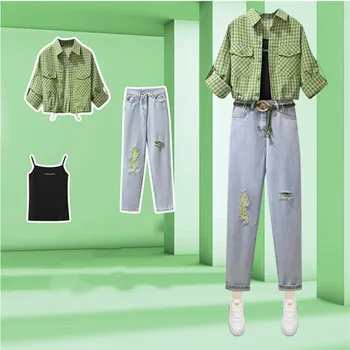 BacklakeGirls Summer Autumn Set Half Sleeve Plaid T-Shirt Jeans Pants Three Pieces Set Female Tee Tops Denim Pants Suit Outfits
BacklakeGirls Summer Autumn Set Half Sleeve Plaid T-Shirt Jeans Pants Three Pieces Set Female Tee Tops Denim Pants Suit Outfits