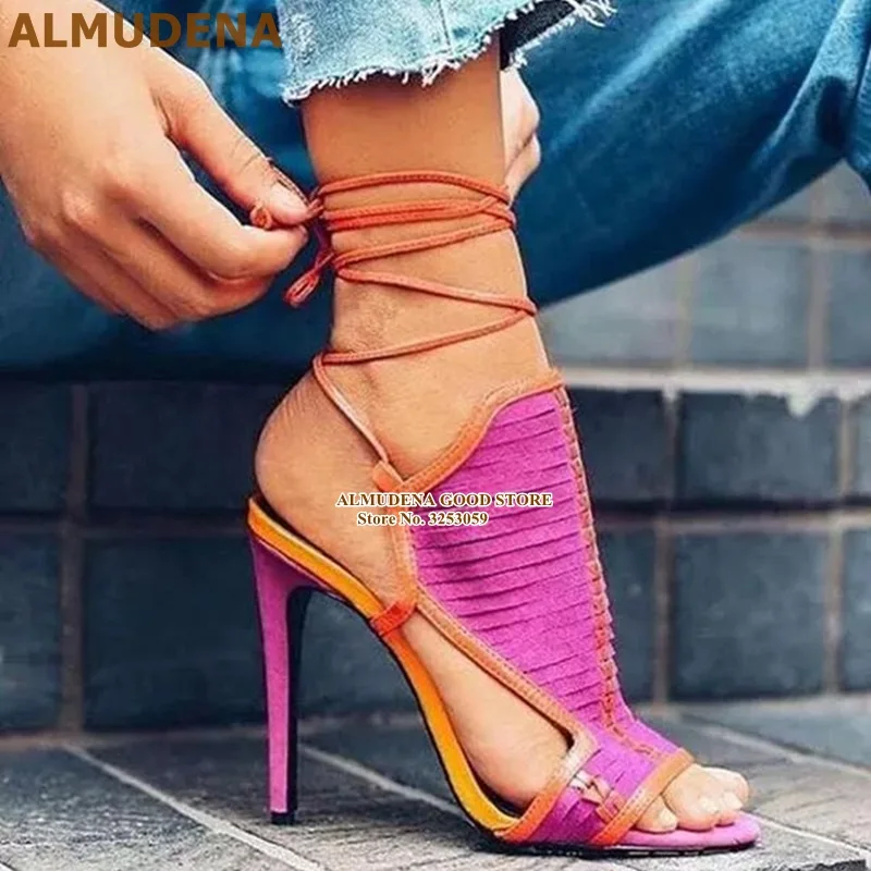 

ALMUDENA Orange Fuchsia Mixed Color Sandals Thin High Heel Strappy Dress Shoes Lace-up Cut-out Gladitor Pump Sweet Banquet Shoe