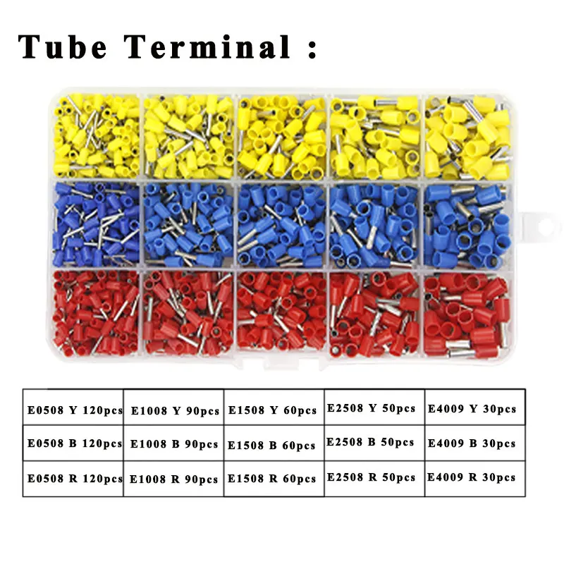 Фото 1050pcs/lot tube insulating terminals E0508 E1008 E1508 E2508 E4009 for 0.5/1.0/1.5/2.5/4mm2 wire crimp terminal connector |