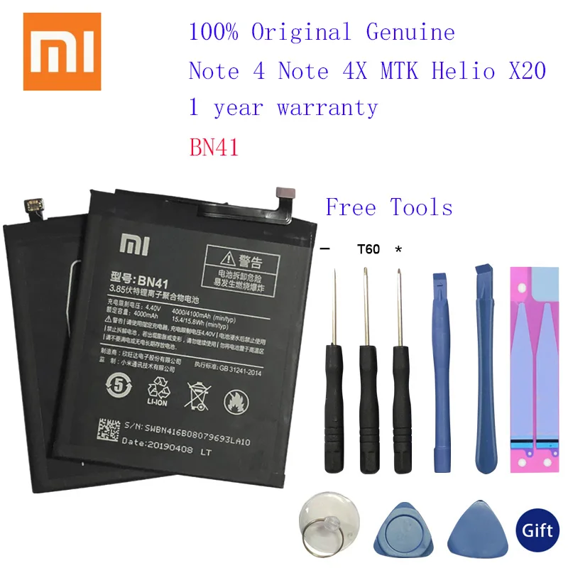 Xiao Mi Original Real 4100mAh BN41 Battery For Xiaomi Redmi Note 4 MTK Helio X20 / Note 4X Pro MTK Helio X20 + Tool
Xiao Mi Original Real 4100mAh BN41 Battery For Xiaomi Redmi Note 4 MTK Helio X20 / Note 4X Pro MTK Helio X20 + Tool