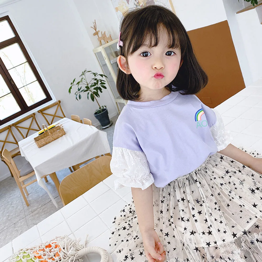 

2021 Summer Baby Girls T-Shirt Casual Kids Clothes Short Sleeve Rainbow Print Tees Patchwork Puff Sleeve Tops Children Clothing